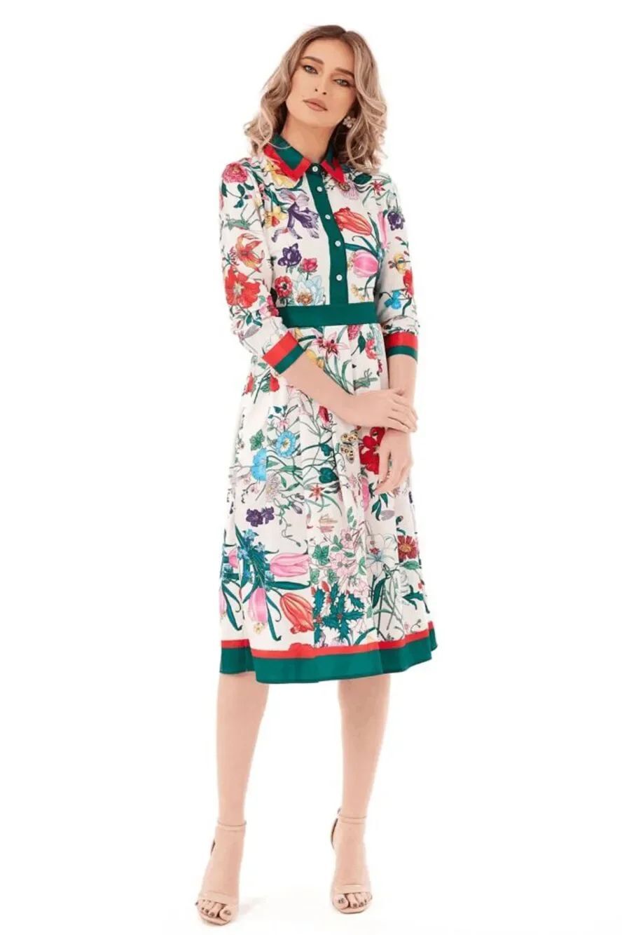 NWT Women's Floral Print Button-Up 3/4 Sleeve A-Line Silky Midi Dress SIZE M